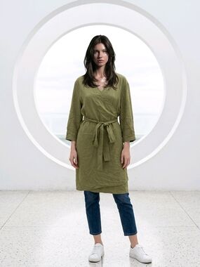 Everlane Olive Green Wrap-Style Dress/Wrap Open Cardigan SZ14